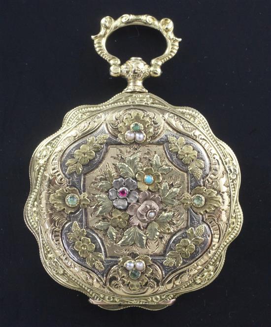An ornate early 20th century continental three colour gold and gem set dress fob watch,